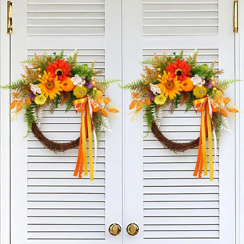 Autumn Harvest Artificial Sunflower Wreath With Pumpkins Maple Leaves Ribbons For Front Door Thanksgiving Halloween Decor