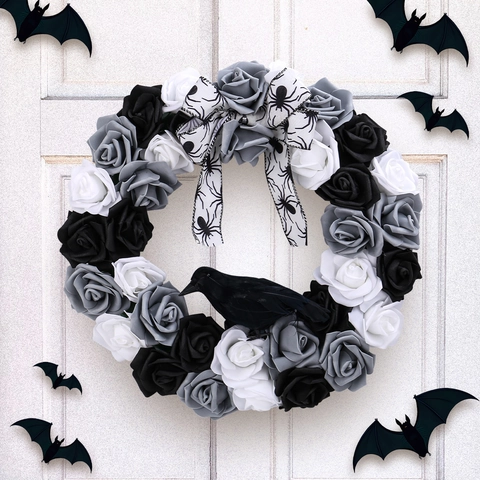 Ghirlanda di Rose Artificiali di Halloween Con Corvo Nero Decorazione da Appendere alla Porta Gotica Fiocco di Nastro a Ragnatela Ghirlanda Festiva