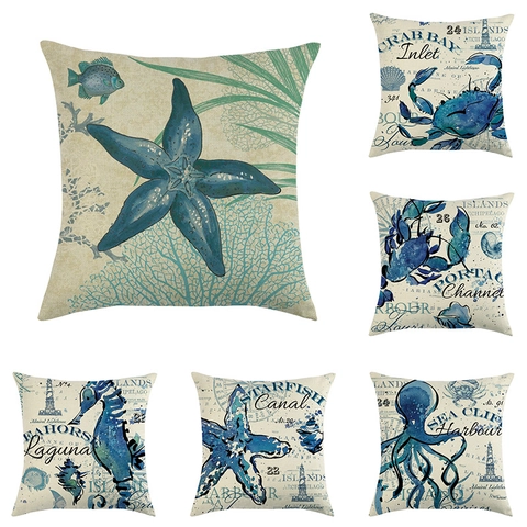 Ozean Nautik Leinen Kissenbezug Dekorative Hülle Seestern Seepferdchen Krabbe Oktopus Für Sofa Couch Haus Deko