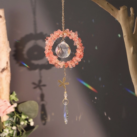 Handmade Crystal Suncatcher Hanging Decoration Natural Gravel Ring Faceted Ball Teardrop Prism For Window Garden Car Decor