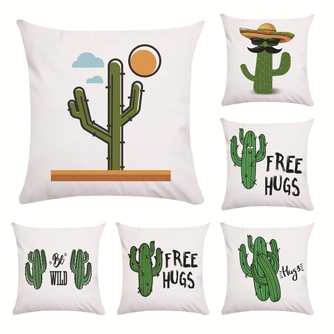 Taie Oreiller Carrée Décorative Polyester Super Souple Motif Cactus Style Dessin Animé Peint À La Main Canapé Maison
