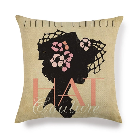 Vintage Glamour Hat Couture Decorative Pillowcase Retro Fashion Lady Silhouette Peach Skin Cushion Cover Home Decor