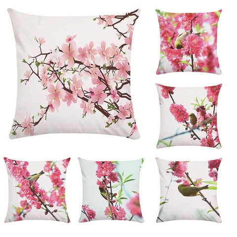 Square Throw Pillow Case Peach Blossom And Bird Pattern Soft Polyester Decorative Cushion Cover For Sofa Bedside Home Decor