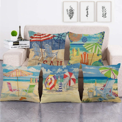 Fodera per Cuscino in Lino Spiaggia Estiva Costiera Nautica Tartaruga Marina Stella Marina Decorativa Quadrata per Casa