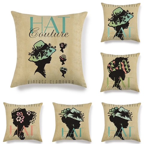 Vintage Glamour Hat Couture Decorative Pillowcase Retro Fashion Lady Silhouette Peach Skin Cushion Cover Home Decor