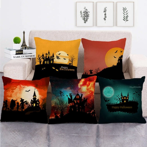 Fundas De Cojín De Halloween Lino Fundas De Almohada Cuadradas Para Sofá Decoración Hogar Estampados Calabaza Fantasma