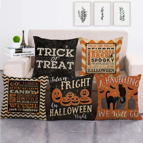 Halloween Throw Pillow Cover Linen Pumpkin Ghost Spider Web Decorative Cushion Case For Sofa Home Party Decor Haunted House Style