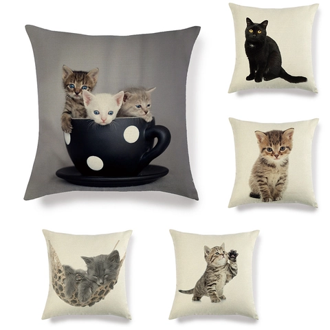Fodera per Cuscino in Lino con Stampa di Gattini Quadrata Minimalista con Motivo a Gatto per Divano Soggiorno Camera da Letto