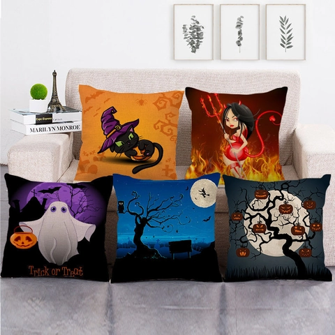 Halloween Kissenbezug Leinen Kissenhülle Gothic Kürbis Geist Hexe Muster Quadratisch Dekorativer Kissenbezug Für Sofa Heimdeko Party