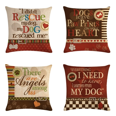 Vintage Cotton Linen Dog Theme Cushion Cover Retro Quote Paw Print Decorative Throw Pillow Case For Home Living Room Sofa