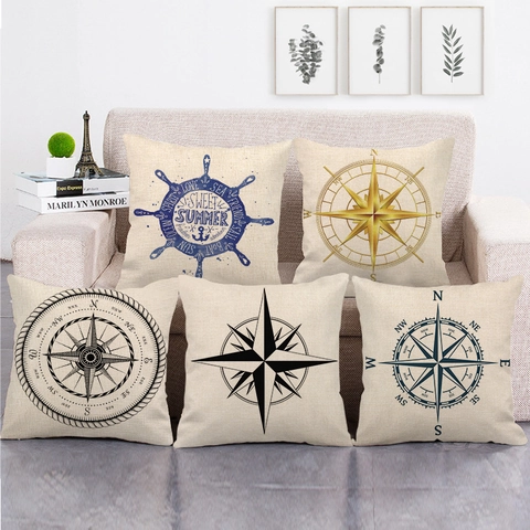 Nautical Compass Steering Wheel Linen Decorative Pillow Case Vintage Sea Theme Sofa Cushion Cover For Living Room Bedroom