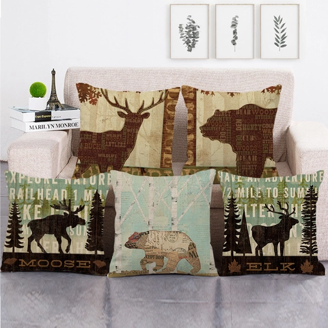 Vintage Linnen Kussenhoes Amerikaanse Landelijke Stijl Bosdieren Hert Beer Rendier Sierkussenhoes Rustiek Interieur Sofa Kussenhoes