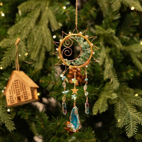 Bohemian Handmade Sun Moon Dreamcatcher Hanging Ornament Aventurine Crystal Agate Stone Wire Wrapped Wind Chime Home Decor