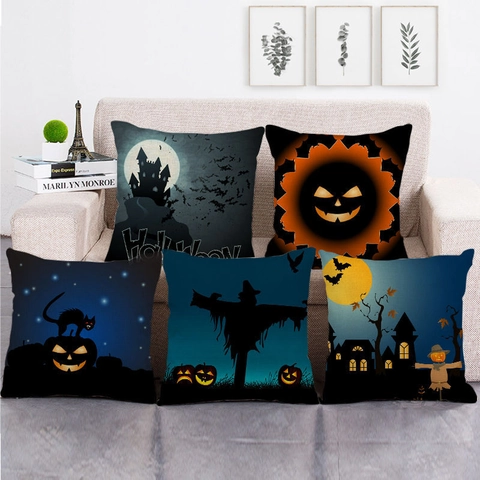 Halloween Kissenhülle Leinen Dekorative Kissenbezug Kürbis Fledermaus Mond Schloss Druck Geheimnis Feiertag Deko Wohnzimmer
