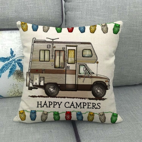 Funda de Cojín de Lino con Patrón de Autocaravana Vintage Guirnalda de Búhos Happy Campers Funda de Almohada Cuadrada