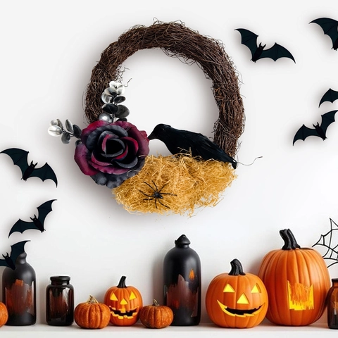 Halloween Wreath Artificial Rose Crow Spider Decoration Natural Rattan Gothic Ghost Festival Door Hanging Ornaments
