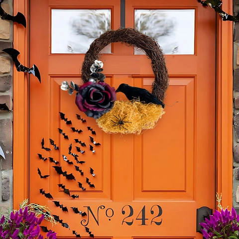 Halloween Wreath Artificial Rose Crow Spider Decoration Natural Rattan Gothic Ghost Festival Door Hanging Ornaments