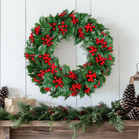 Christmas Wreath Artificial Red Berry Green Holly Leaves Decoration For Front Door Wall Window Home Holiday Party