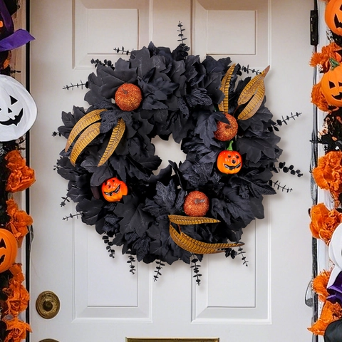 Ghirlanda di Halloween Con Foglie d'acero Nere E Zucche Arancioni Piume Dorate per Decorazione Porta E Parete Festa