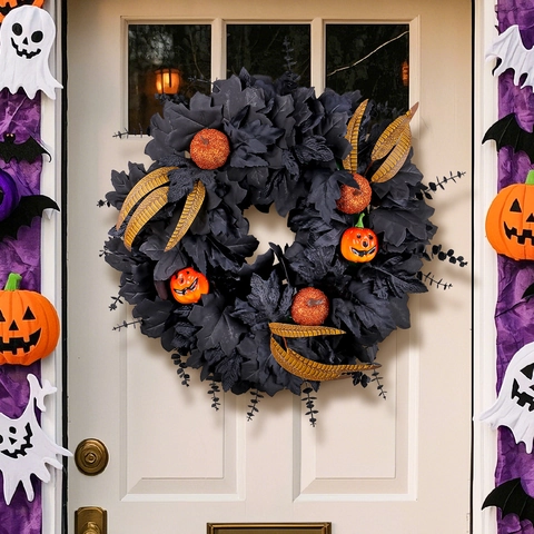 Ghirlanda di Halloween Con Foglie d'acero Nere E Zucche Arancioni Piume Dorate per Decorazione Porta E Parete Festa