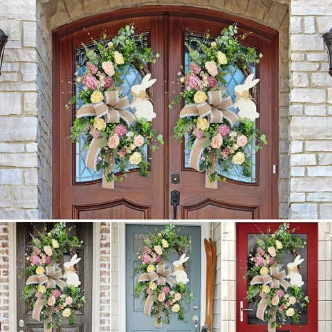 Easter Wreath Artificial Rose Greenery Burlap Lace Bow Wooden Bunny Front Door Hanging Farmhouse Spring Home Decor
