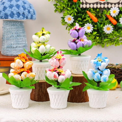 Künstliche Ostereier Blumen Topfpflanze Ornament Gepunktete Eier Weißer Webkorb Desktop Deko Home Festliche Party Display