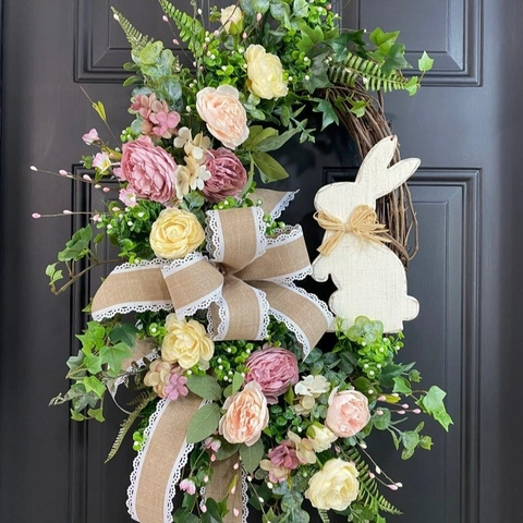 Easter Wreath Artificial Rose Greenery Burlap Lace Bow Wooden Bunny Front Door Hanging Farmhouse Spring Home Decor