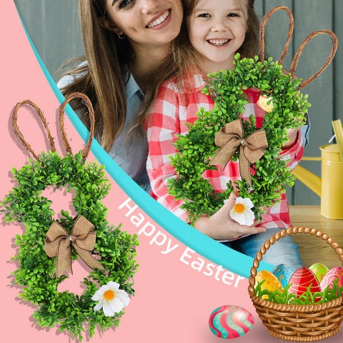 Corona Di Coniglio Di Pasqua Verde Artificiale Orecchie Di Vite Fiocco Di Lino Decorazione Da Parete