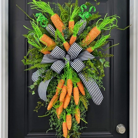 Easter Door Swag Artificial Carrot Spring Wreath With Greenery Leaves Striped Bow Farmhouse Wall Hanging Decoration