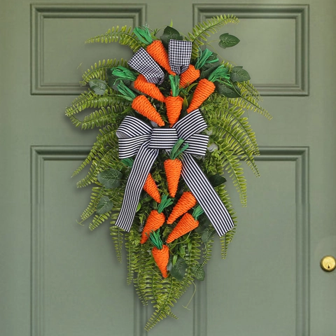 Easter Door Swag Artificial Carrot Spring Wreath With Greenery Leaves Striped Bow Farmhouse Wall Hanging Decoration