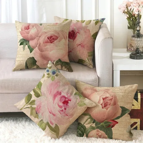 Federa Per Cuscino Fiori Rosa Vintage Stampa Giornale Country Francese Retrò Lino Decorativo Arredamento Casa Artistico