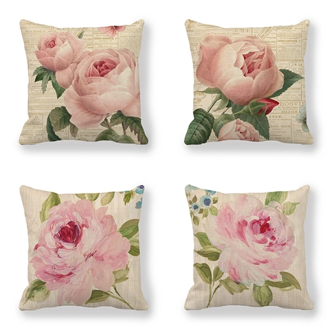 Federa Per Cuscino Fiori Rosa Vintage Stampa Giornale Country Francese Retrò Lino Decorativo Arredamento Casa Artistico