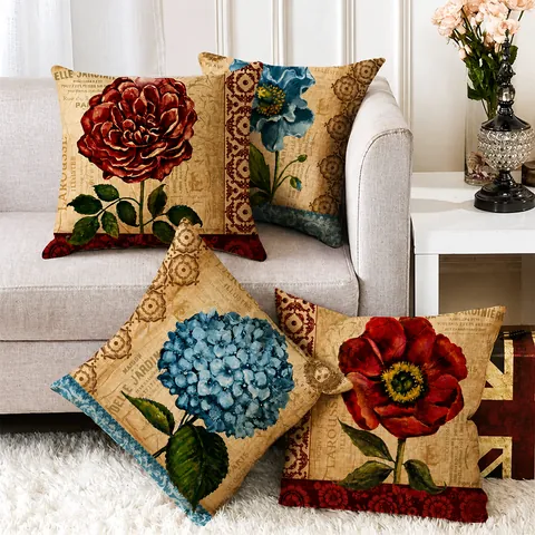 Vintage French Floral Linen Throw Pillow Cover Decorative Rose Hydrangea Poppy Cushion Case For Living Room Sofa Home Decor