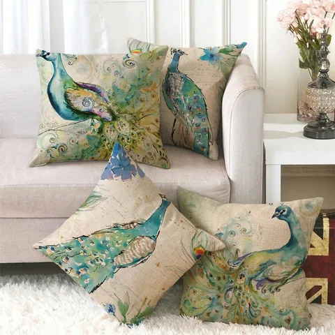 Peacock Watercolor Painting Decorative Pillowcases Linen Cushion Covers For Sofa Home Decor Elegant Artistic