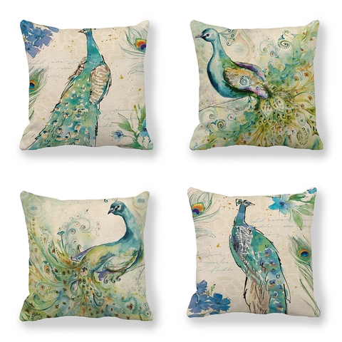 Peacock Watercolor Painting Decorative Pillowcases Linen Cushion Covers For Sofa Home Decor Elegant Artistic