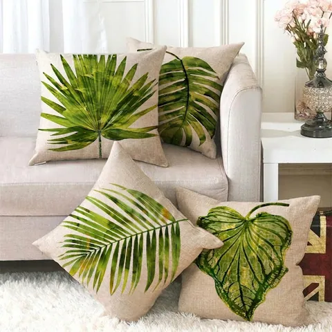Federa per Cuscino in Lino con Motivo a Foglia Verde Tropicale Stampa Nordica di Palma Monstera Fodera Decorativa per Divano