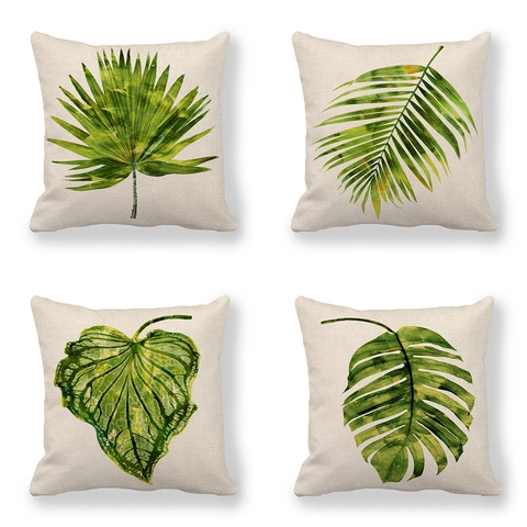 Federa per Cuscino in Lino con Motivo a Foglia Verde Tropicale Stampa Nordica di Palma Monstera Fodera Decorativa per Divano