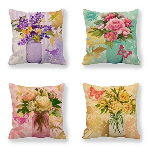 Vintage Linen Floral Peony Butterfly Square Decorative Throw Pillowcase For Home Living Room Sofa Couch Decoration