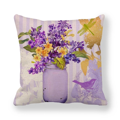 Vintage Linen Floral Peony Butterfly Square Decorative Throw Pillowcase For Home Living Room Sofa Couch Decoration