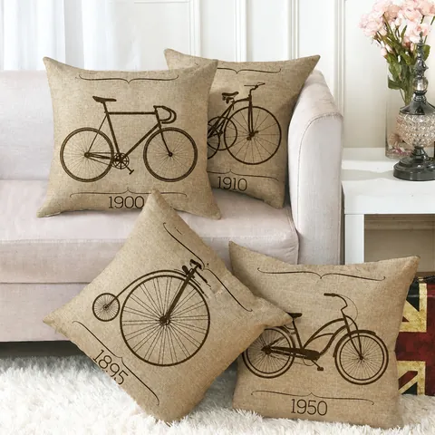 Vintage Bicycle Linen Cushion Cover Retro Newspaper Print Industrial Style Square Pillow Case For Living Room Decor