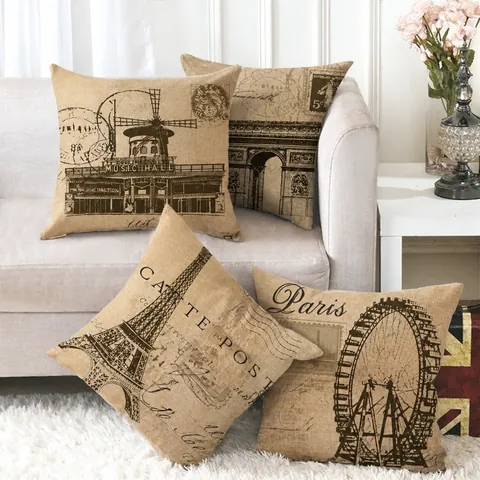Vintage Paris Landmarks Linen Throw Pillow Covers Eiffel Tower Arc De Triomphe Retro Postcard Style Decorative Square Cushion Cases For Sofa Home Decor