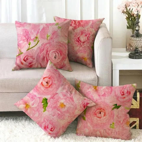 Housse de Coussin en Lin Fleur de Rose Rose Taie d'Oreiller Décorative Carrée pour Canapé Salon Chambre Décoration Maison