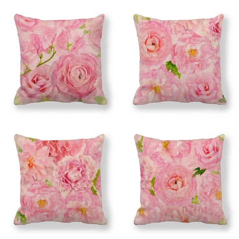 Housse de Coussin en Lin Fleur de Rose Rose Taie d'Oreiller Décorative Carrée pour Canapé Salon Chambre Décoration Maison