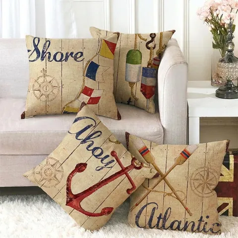 Taie d'Oreiller en Lin Nautique Vintage Ancre Boussole Rames Shore Ahoy Atlantic Coast Motif Carré Housse de Coussin Décorative
