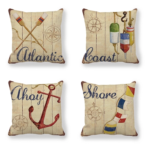 Taie d'Oreiller en Lin Nautique Vintage Ancre Boussole Rames Shore Ahoy Atlantic Coast Motif Carré Housse de Coussin Décorative