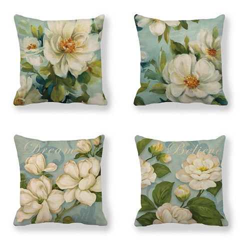 Fundas De Cojín Decorativas Lino Floral Camelia Estilo Pintura Al Óleo Azul Claro Fundas De Almohada Cuadradas Para Hogar Sala