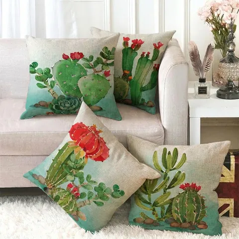 Federe Per Cuscini In Misto Lino Acquerello Cactus Succulente Decorazione Casa Quadrata Stile Fattoria Soggiorno Camera Divano