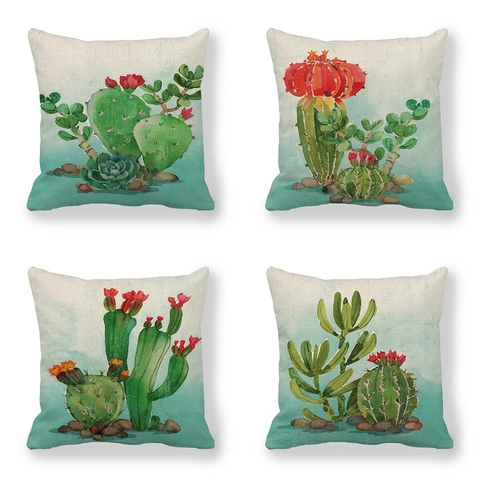 Federe Per Cuscini In Misto Lino Acquerello Cactus Succulente Decorazione Casa Quadrata Stile Fattoria Soggiorno Camera Divano