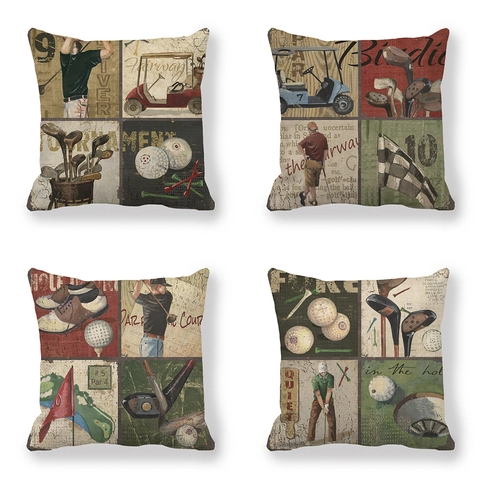 Funda de Almohada de Lino con Tema de Golf Vintage Funda de Cojín Decorativa Ilustración Deportiva Retro Cuadrada Para Sofá Decoración Sin Inserto