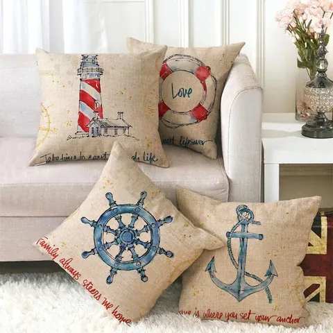 Vintage Nautical Linen Throw Pillow Cover Decorative Lighthouse Anchor Helm Lifebuoy Square Cushion Case For Sofa Home Decor